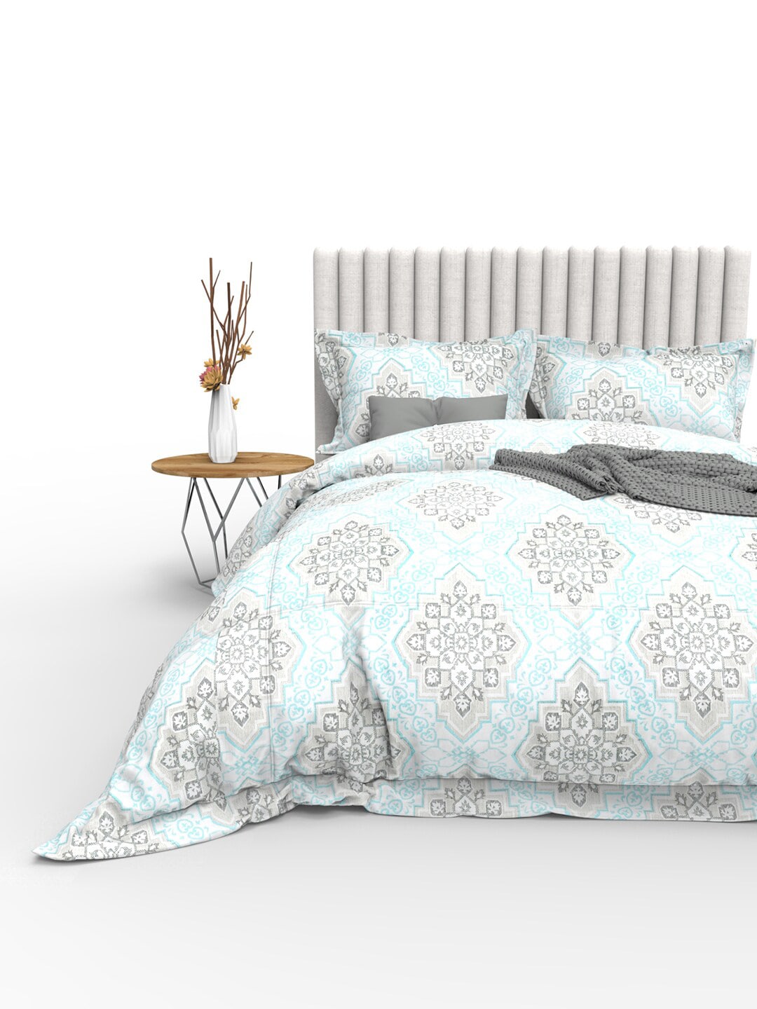 THE WHITE MOSS Blue & Grey Ethnic Motifs 350 TC Cotton King Bedsheet with 2 Pillow Covers - Distacart