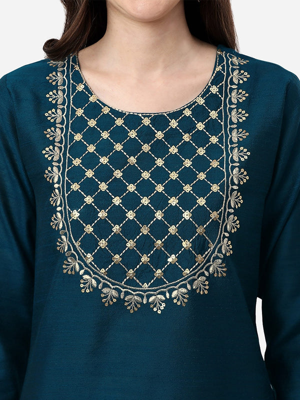 HERE&NOW Women Teal Ethnic Motifs Embroidered Kurta - Distacart