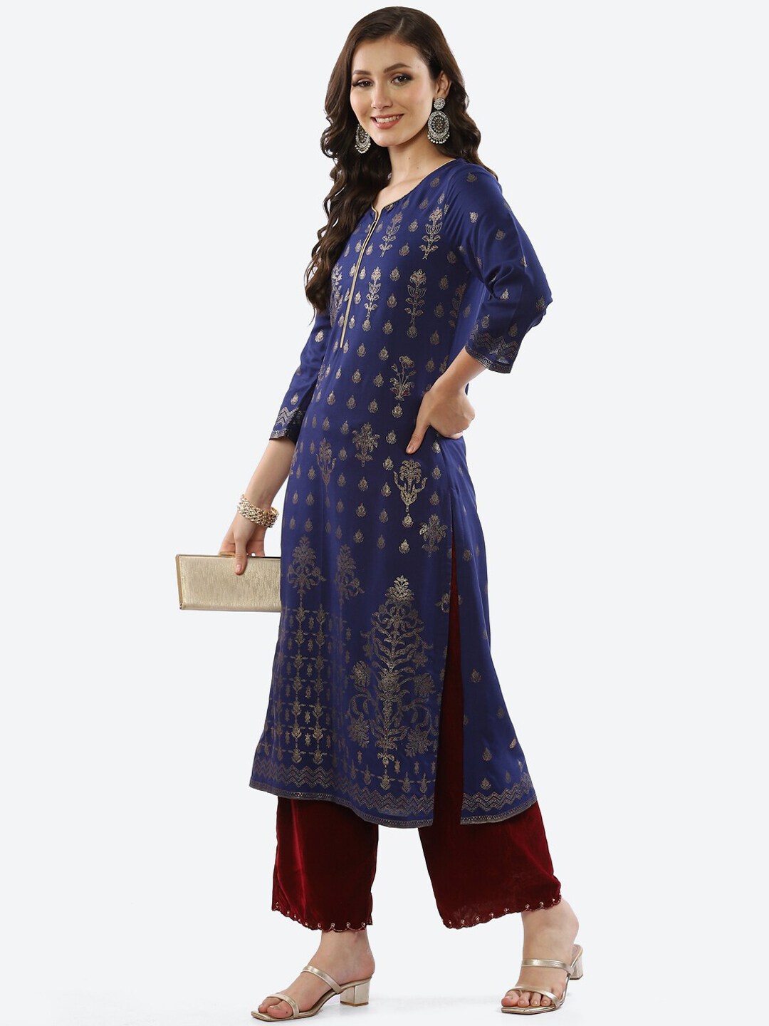 Biba Women Blue Ethnic Motifs Printed Rayon Kurta - Distacart