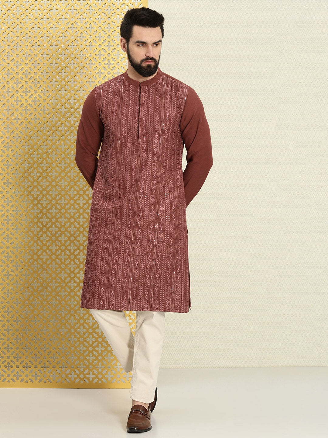 House of Pataudi Men Floral Embroidered Sequined Floral Jashn Kurta - Distacart