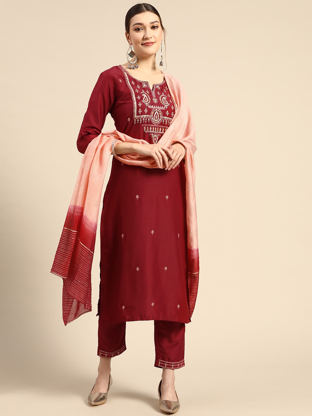 Sangria Women Red Ethnic Motifs Embroidered Pure Cotton Kurta with Trousers & With Dupatta - Distacart