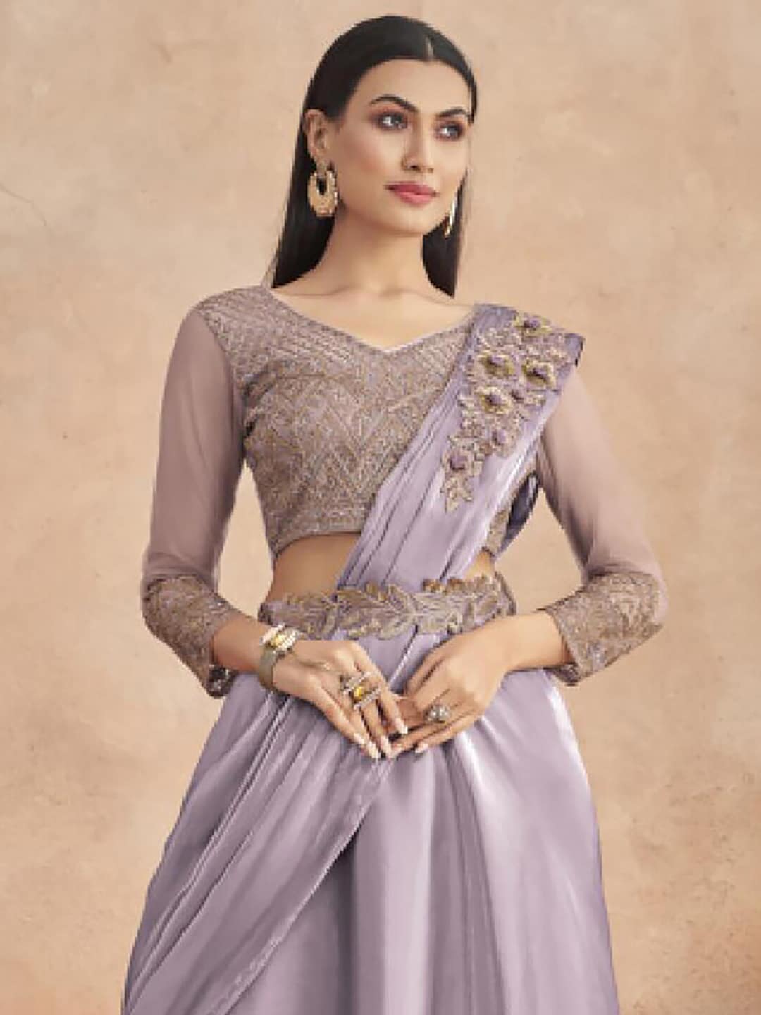 Mitera Lavender Floral Embroidered Satin Saree - Distacart