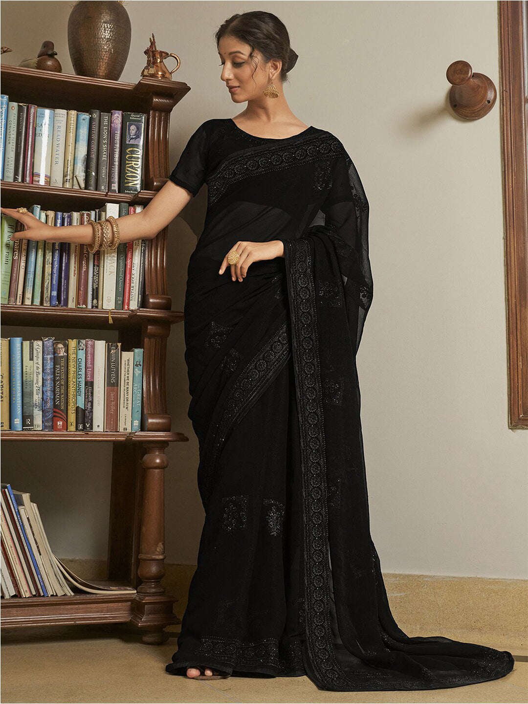 Mitera Black Ethnic Motifs Beads And Stones Embellished Saree - Distacart