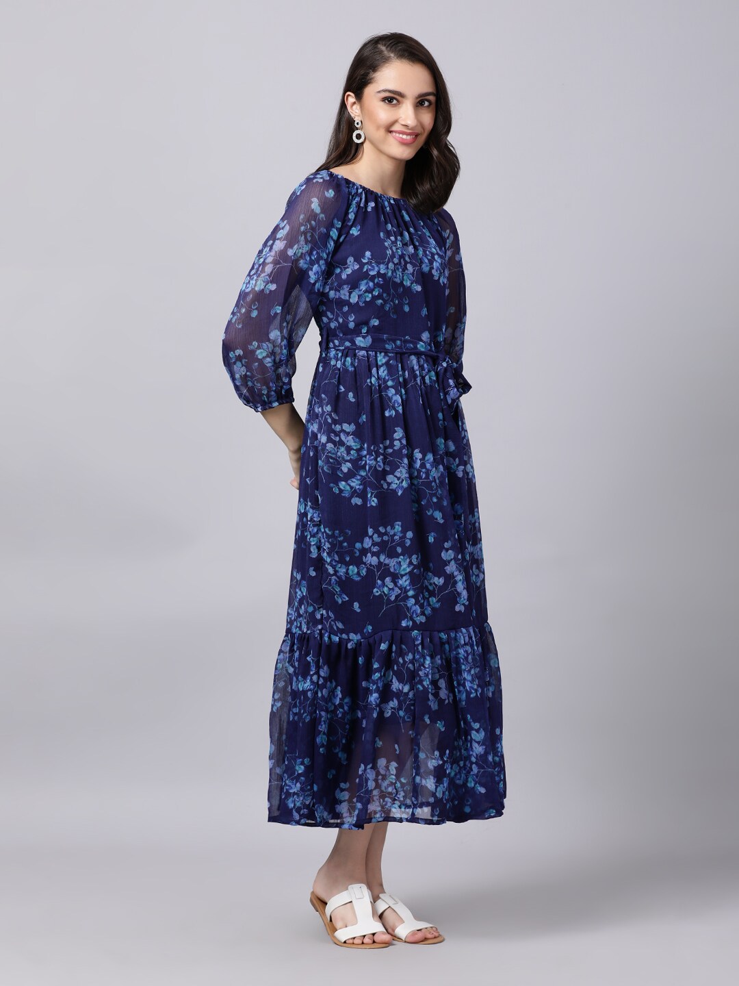 Souchii Navy Blue Floral Layered Chiffon A-Line Midi Dress - Distacart