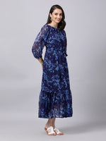 Thumbnail for Souchii Navy Blue Floral Layered Chiffon A-Line Midi Dress - Distacart
