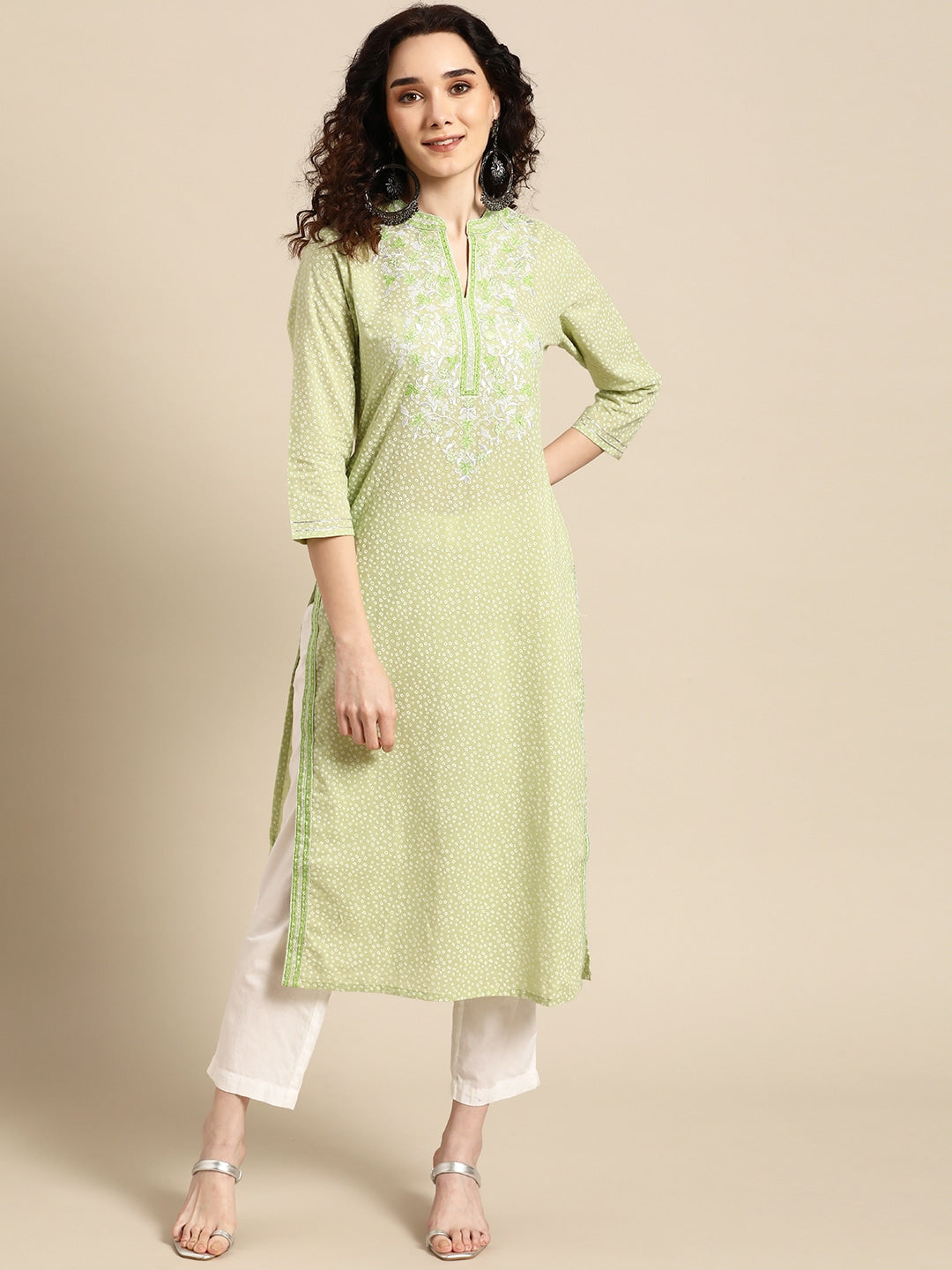 Sangria Women Green Floral Yoke Design Thread Work Pastels Kurta - Distacart