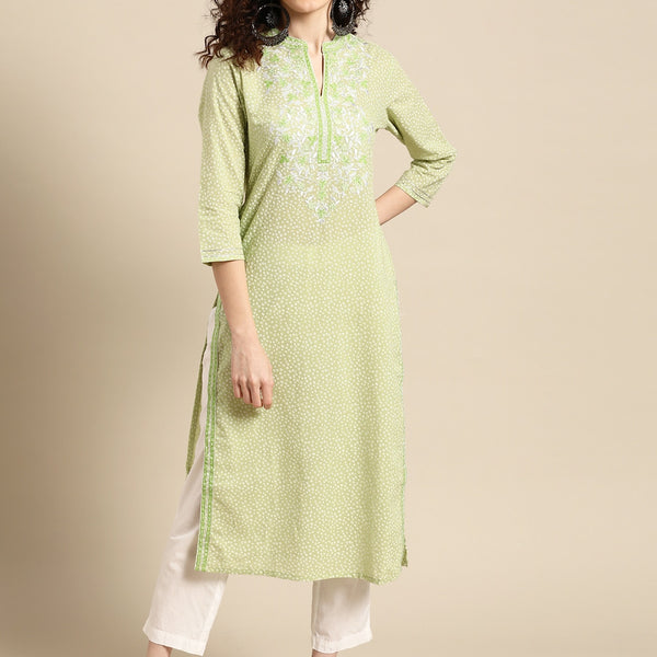 Sangria Women Green Floral Yoke Design Thread Work Pastels Kurta - Distacart