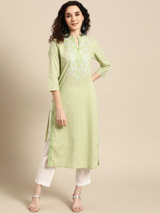 Sangria Women Green Floral Yoke Design Thread Work Pastels Kurta - Distacart