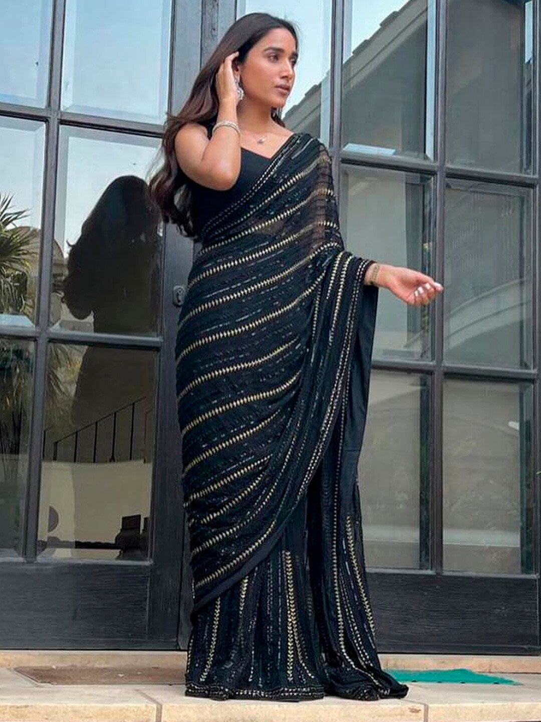 Sangria Embellished Sequinned Pure Georgette Saree - Distacart