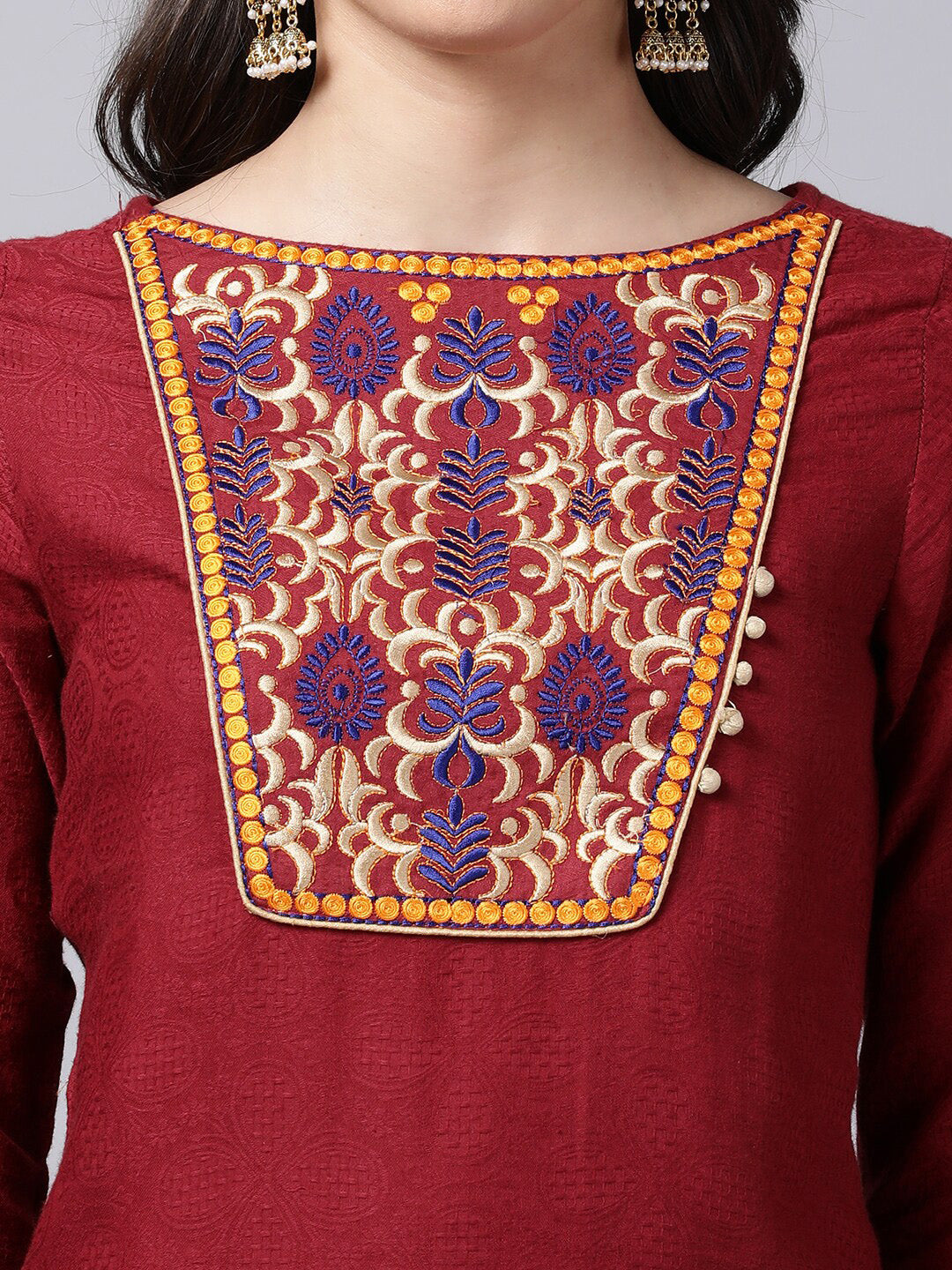 Souchii Maroon & Yellow Thread Work Grandeur & Majestic Artwork Cotton Kurta - Distacart