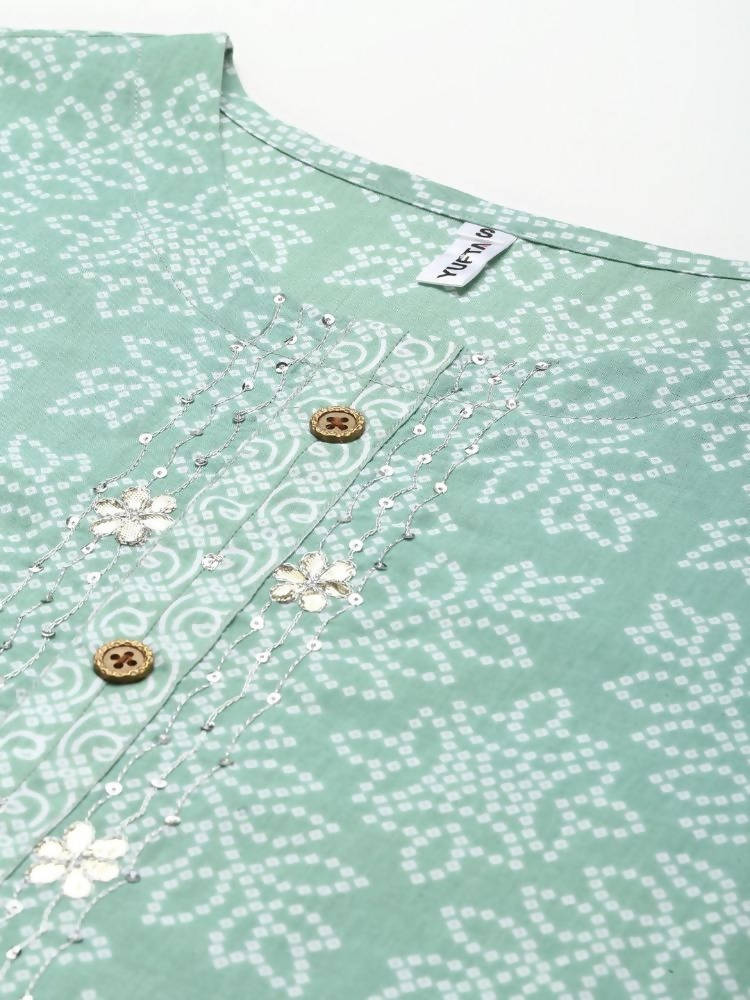 Yufta Women Green Bandhani Print Gotta Patti Pure Cotton Kurta with Palazzo and Dupatta