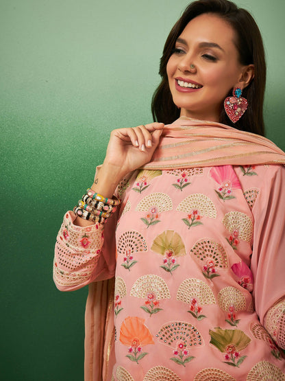 Peach Georgette Handwork Unstitched Dress Material - Hanika - Distacart