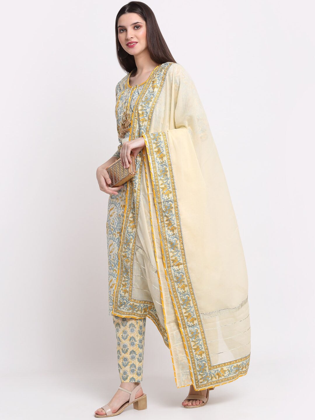 Kalini Women Yellow Ethnic Motifs Printed Pure Cotton Kurta with Trousers & With - Distacart