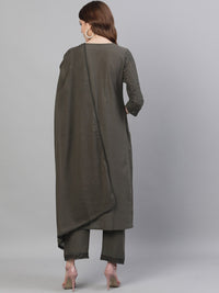 Thumbnail for Ishin Women Olive Green Self Design Kurta with Trousers & Dupatta - Distacart