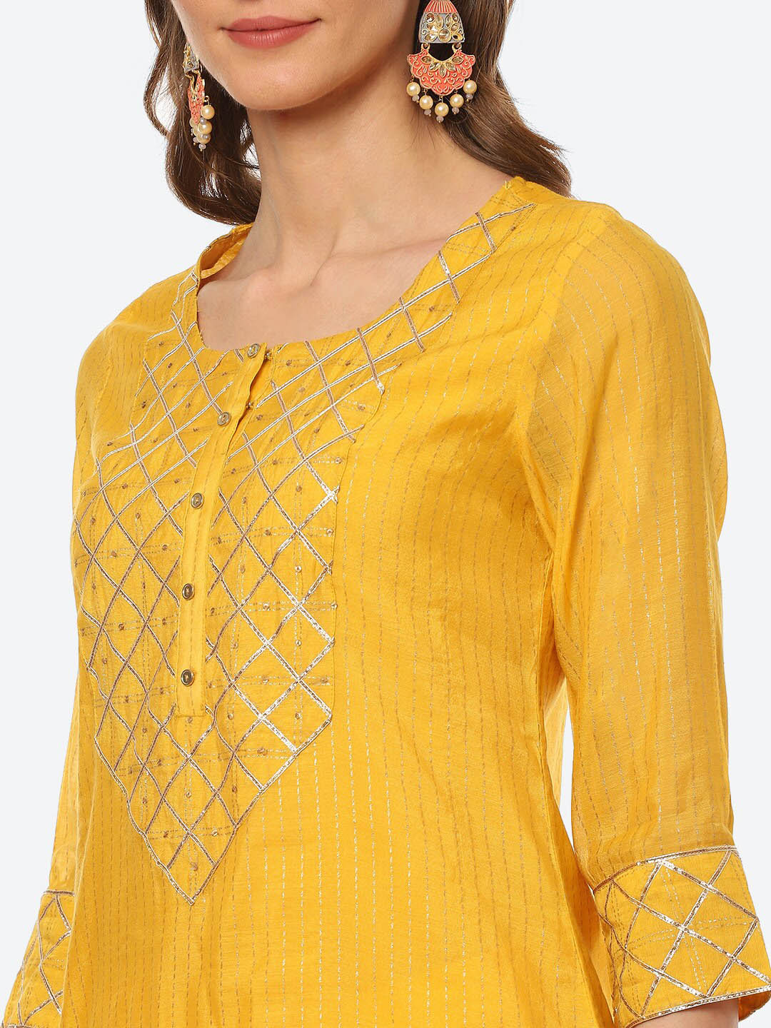 Biba Women Yellow Yoke Design Gotta Patti Kurta with Trouser - Distacart