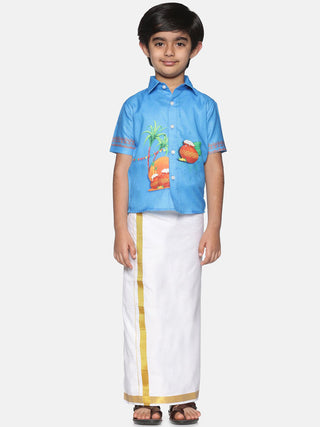 Sethukrishna Boys Traditional Boys Blue & White Printed Shirt with Dhoti - Distacart