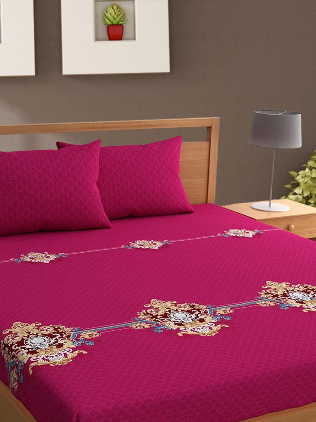 Bajo's Magenta & Blue Ethnic Motifs Printed 210 TC Cotton King Bedsheet & 2 Pillow Covers - Distacart