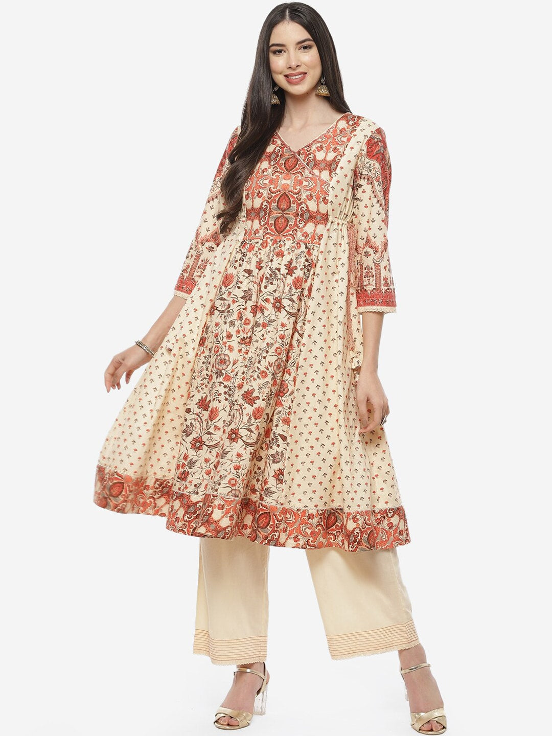 Biba Cream-Coloured Ethnic Motifs Printed Pure Cotton Kurta with Trousers - Distacart