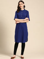 Thumbnail for Sangria Women Solid Mandarin Collar Pure Cotton Indigo Kurta - Distacart