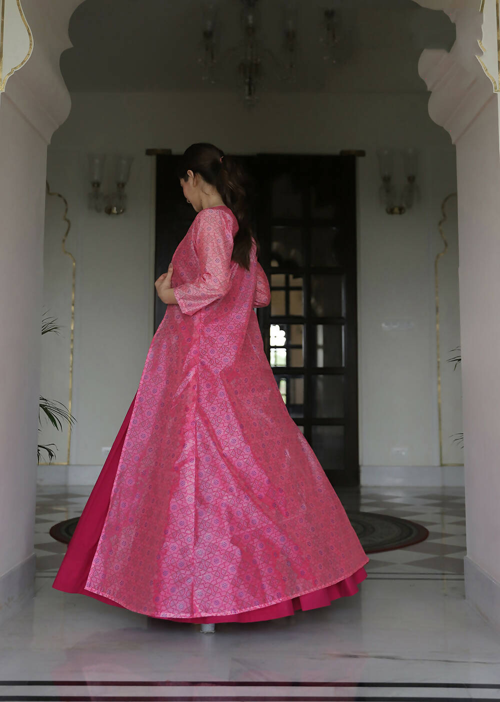 Partywear Designer Digital print Pink Maslin Gown - Anbazaar - Distacart
