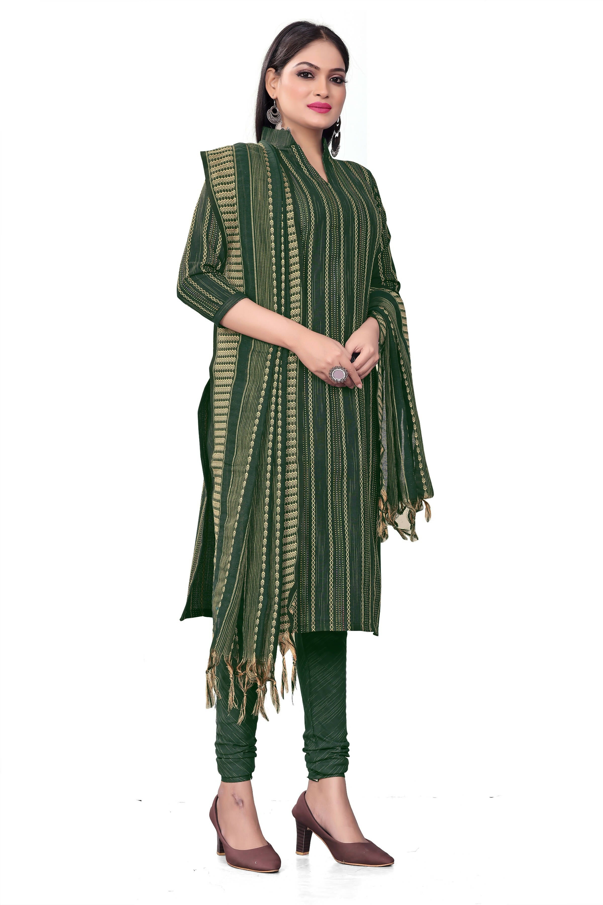 Green Cotton Jacquard Woven Unstitched Dress Material - Tanvi - Distacart