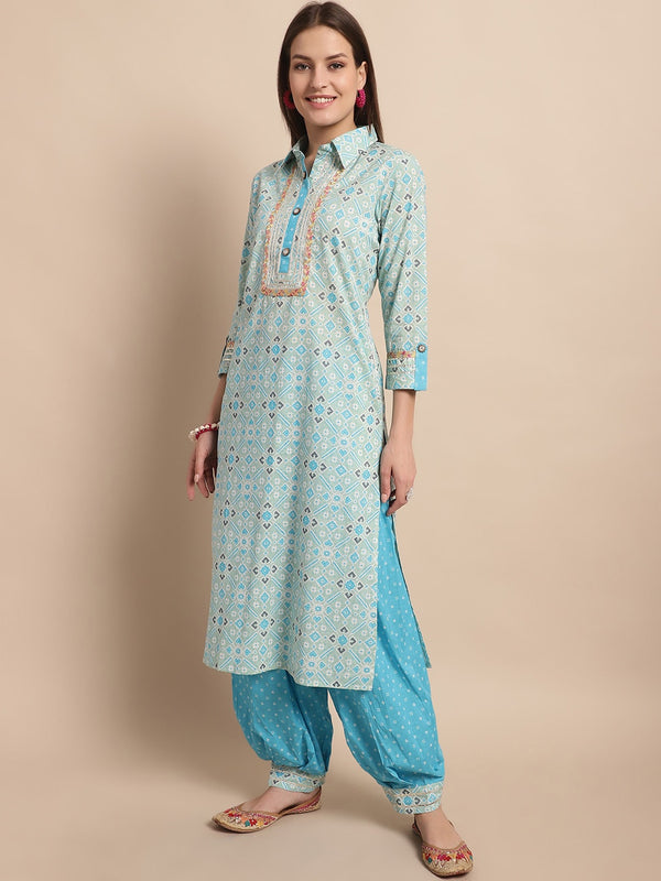 Kalini Ethnic Motifs Printed Shirt Collar Yoke Zari Pure Cotton Pathani Kurta With Salwar - Distacart