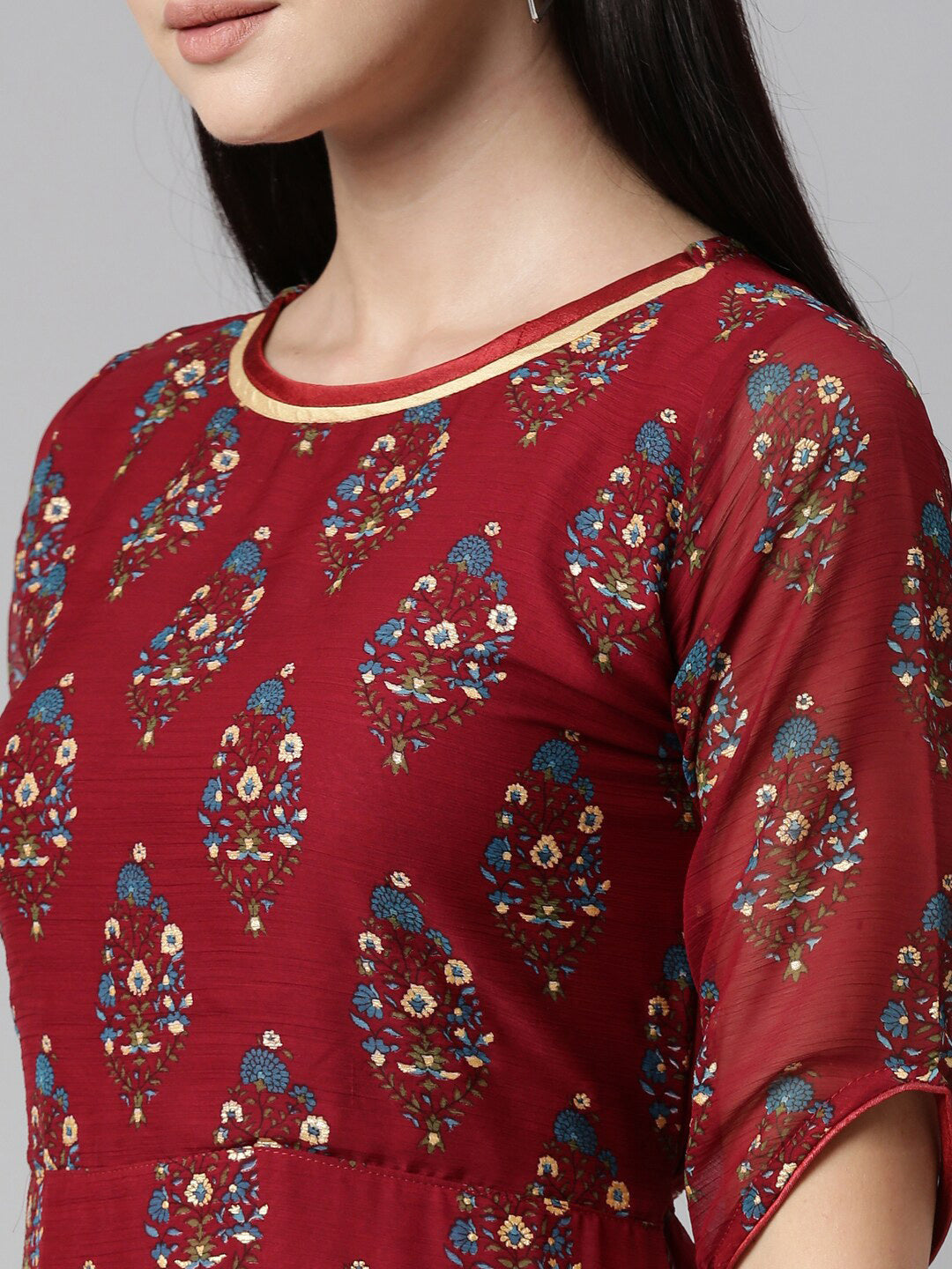 Souchii Floral Printed Boat Neck Chiffon Maxi Dress - Distacart