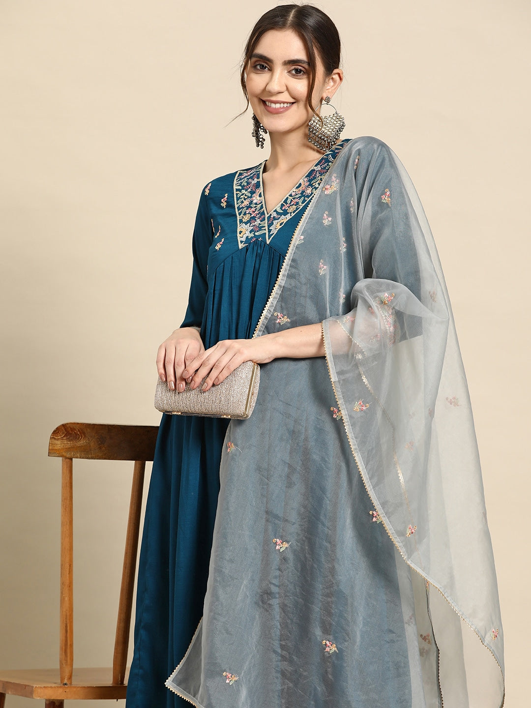 Sangria Floral Embroidered Empire Thread Work Kurta With Palazzos & Dupatta - Distacart