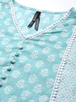 Thumbnail for HERE&NOW Women Turquoise Blue Floral Printed Pure Cotton Kurta with Palazzos & With Dupatta - Distacart