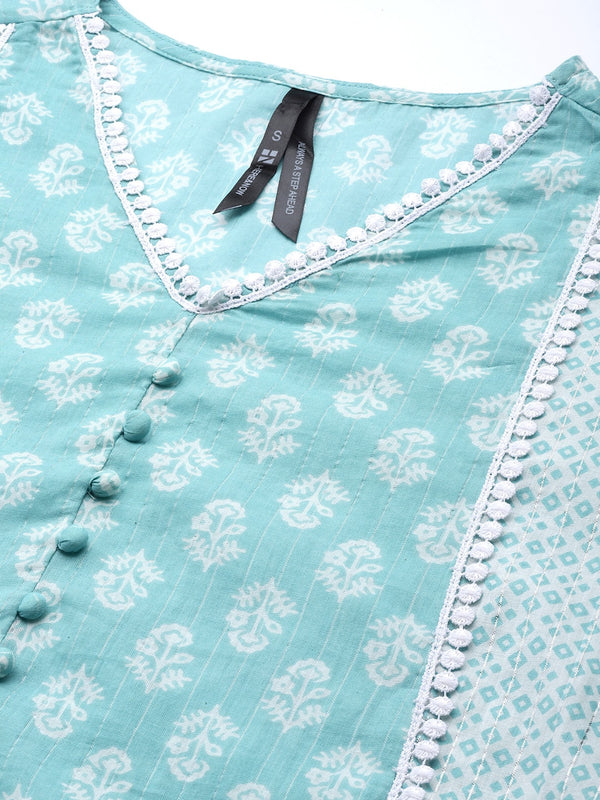 HERE&NOW Women Turquoise Blue Floral Printed Pure Cotton Kurta with Palazzos & With Dupatta - Distacart