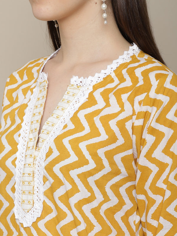 Sangria Women Yellow Printed Pure Cotton Kurti with Trousers & Dupatta Set - Distacart