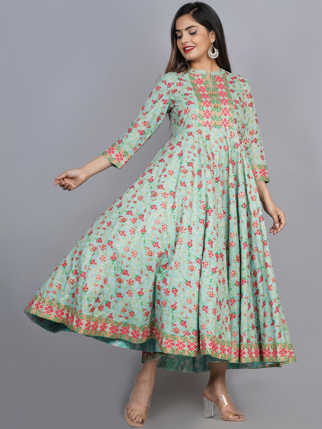Kalini Women Sea Green & Pink Floral Printed Anarkali Kurta - Distacart