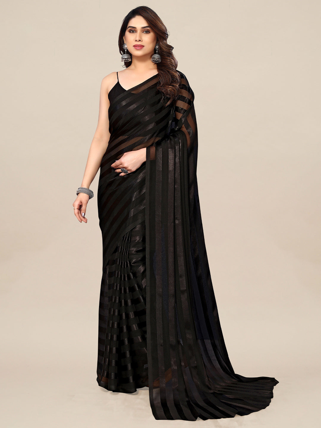 Kalini Striped Satin Belted Saree - Distacart