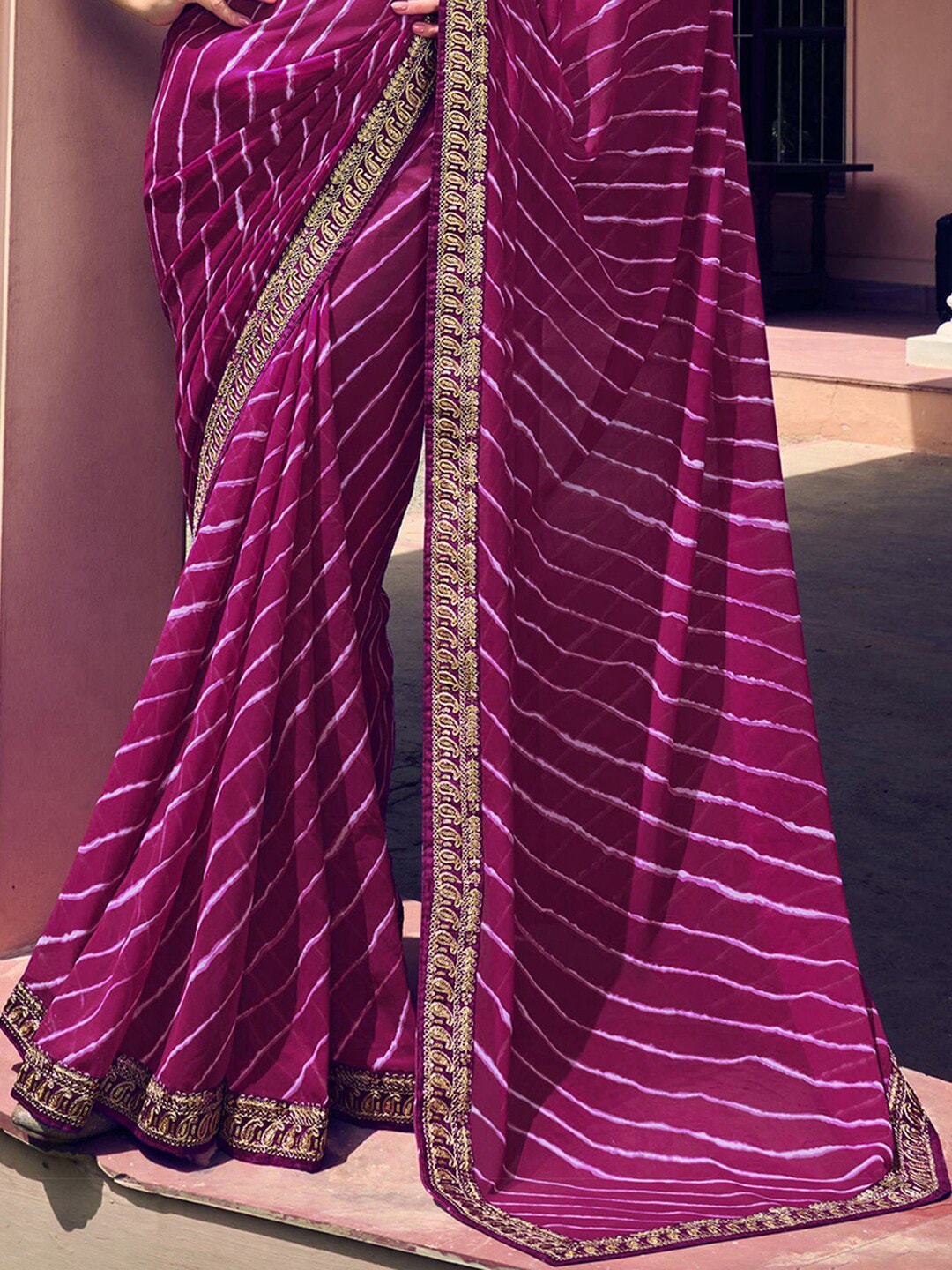 Mitera Purple & White Leheriya Printed Embroidered Poly Georgette Leheriya Saree - Distacart