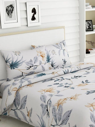 haus & kinder White & Grey Floral 186 TC Pure Cotton King Bedsheet & 2 Pillow Covers - Distacart