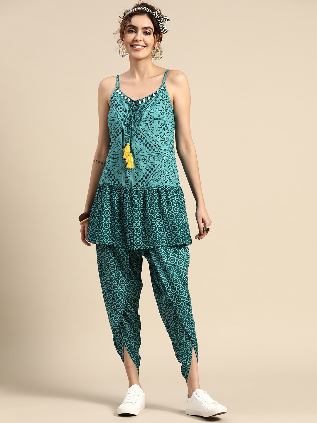 Sangria Printed Shoulder Straps A-Line Kurti with Dhoti Pants - Distacart