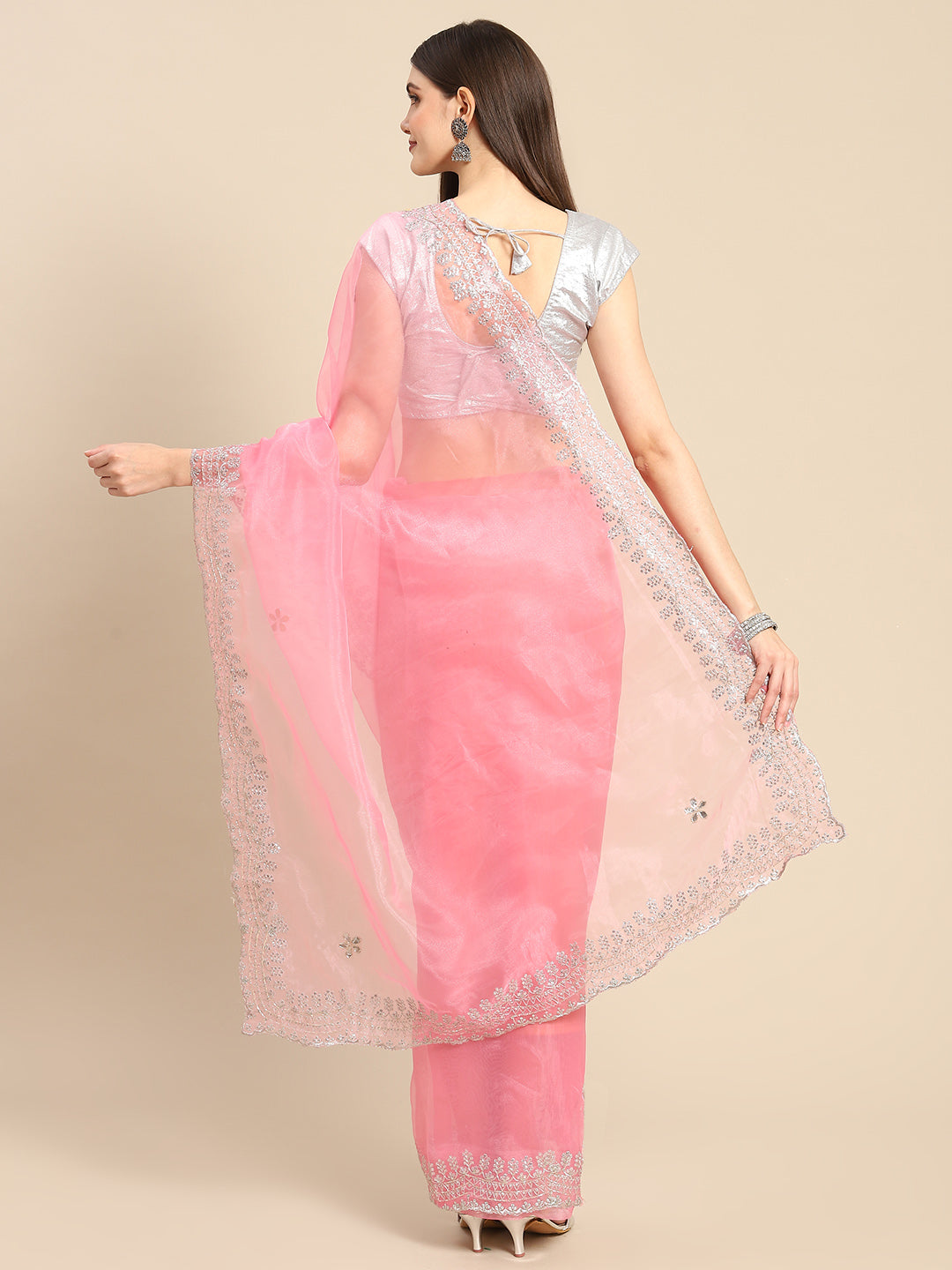 Anouk Pink Sequinned Organza Saree With Embroidered Border - Distacart