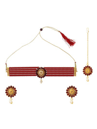 Thumbnail for Cardinal Gold-Plated Maroon Onyx-Studded & Beaded Jewellery Set - Distacart