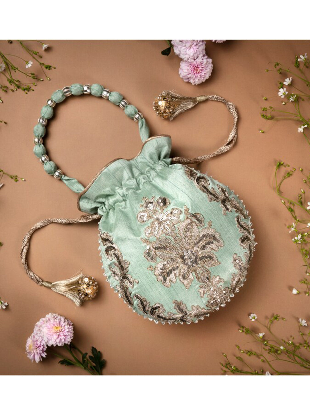 Masq Women Green & Silver-Toned Embellished Potli Clutch - Distacart