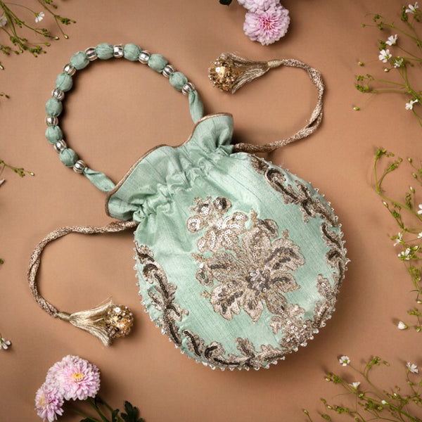 Masq Women Green & Silver-Toned Embellished Potli Clutch - Distacart