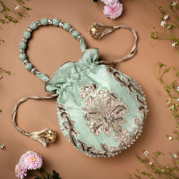 Masq Women Green & Silver-Toned Embellished Potli Clutch - Distacart