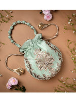 Thumbnail for Masq Women Green & Silver-Toned Embellished Potli Clutch - Distacart