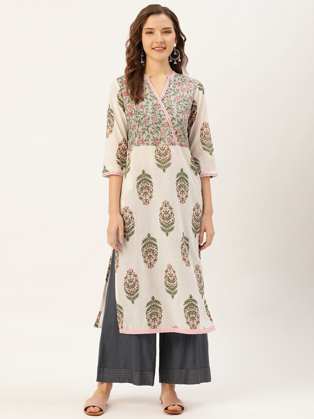 Jaipur Kurti Women Off-White & Pink Printed Straight Kurta - Distacart