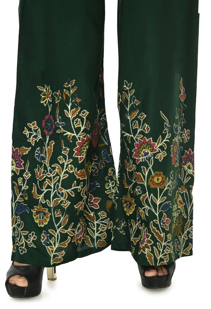 Mominos Fashion Moeza Reyon Cotton Bottle Green Floral Palazzo