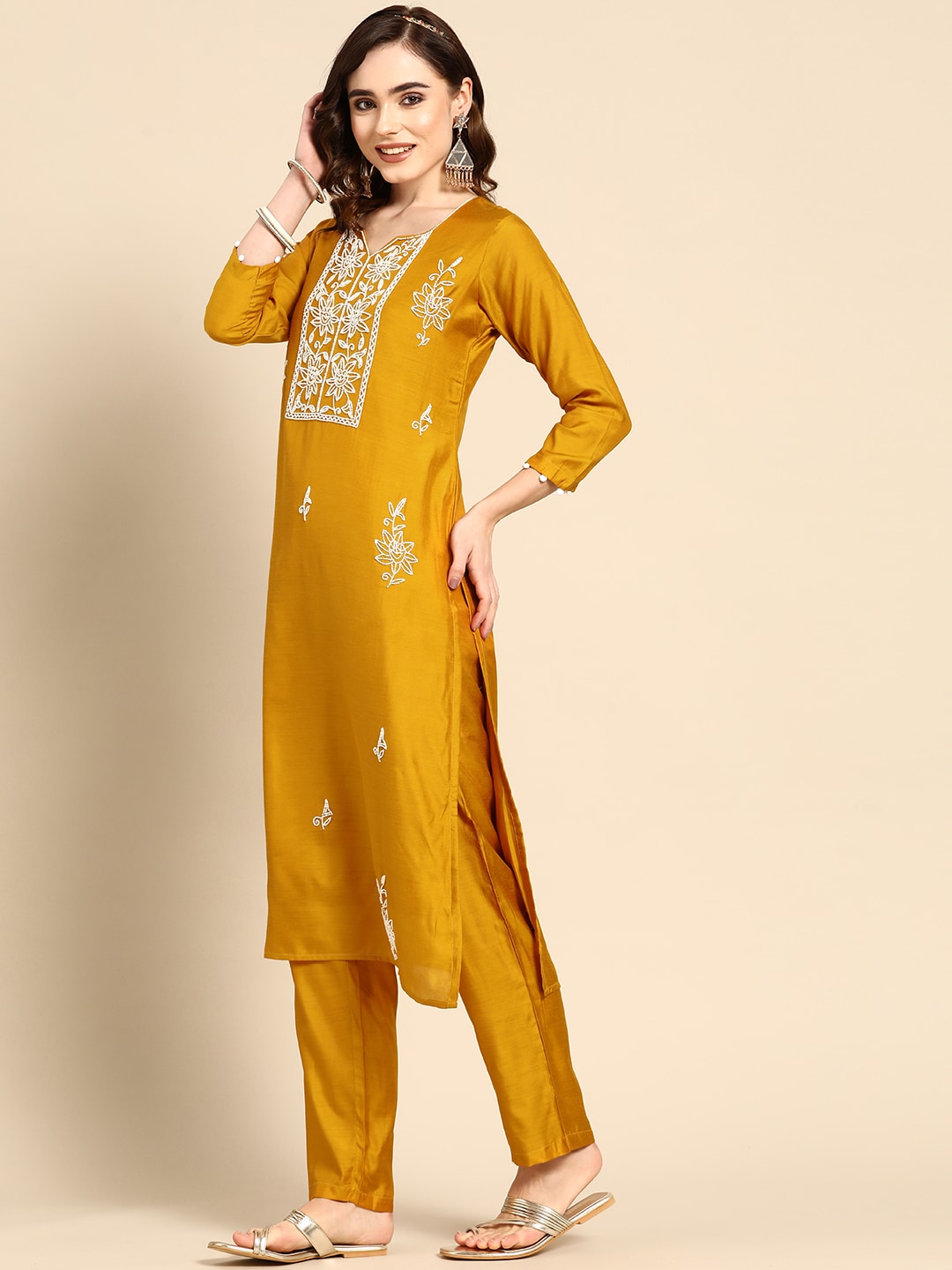 Sangria Women Mustard Yellow & White Embellished Beaded Kurta with Trousers & Dupatta - Distacart
