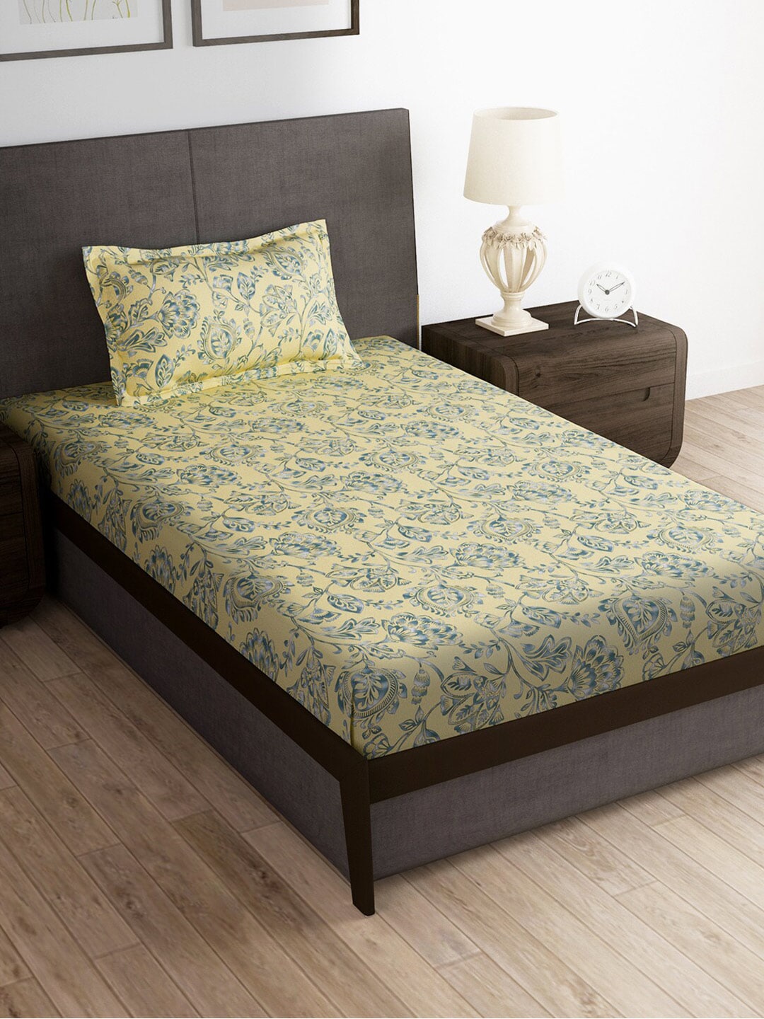 Story@home Cream-Coloured & Grey Floral Microfiber 180 TC Bedsheet & Pillow Cover - Distacart