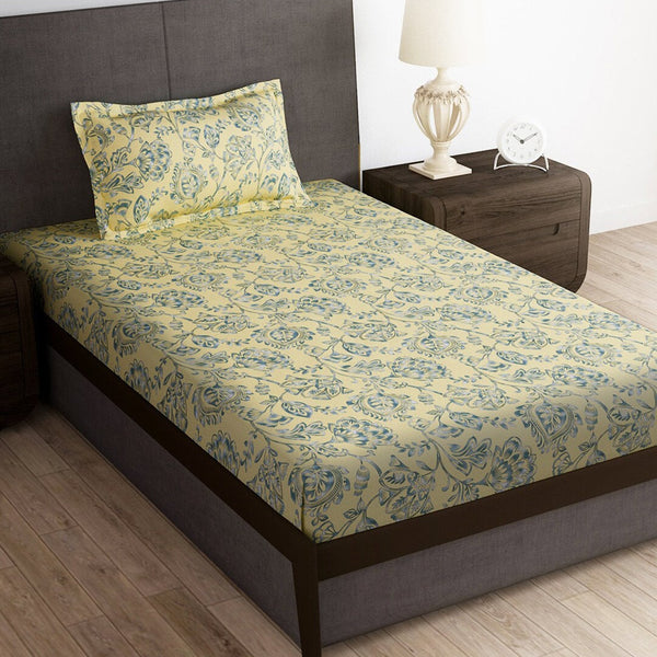 Story@home Cream-Coloured & Grey Floral Microfiber 180 TC Bedsheet & Pillow Cover - Distacart