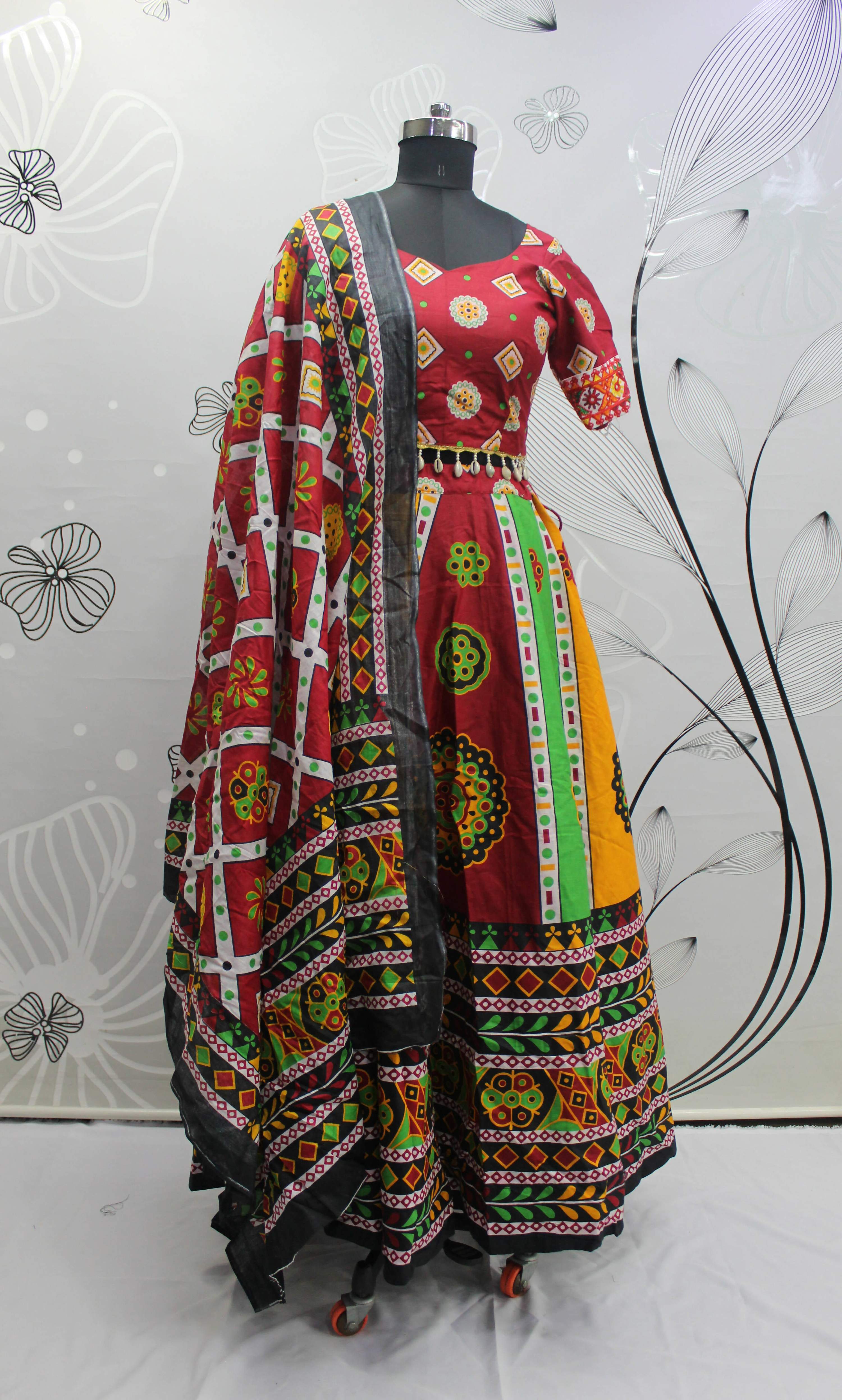 Multi Color Pure Cotton Hand Block Print Navratri Lehenga Choli with Dupatta - Raas - Distacart