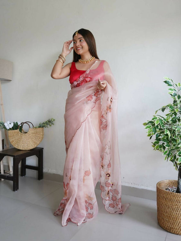 Vamsee Peach Organza Saree - Distacart