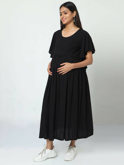 Manet Maternity Frill Slevee Solid Dress With Concealed Zipper Nursing Access - Black - Distacart